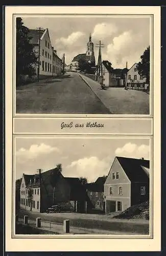 AK Wethau, Strassenpartie bei der Kirche, Partie mit dem Gasthof zum deutschen Haus