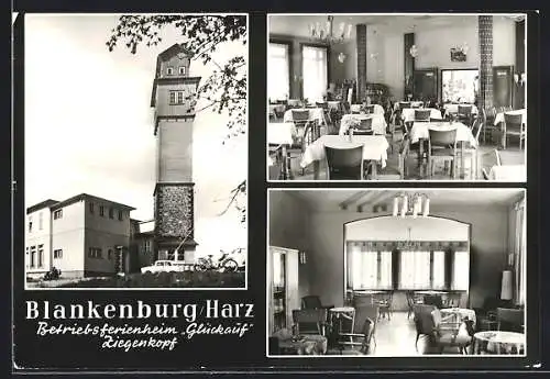 AK Blankenburg /Harz, Betriebsferienheim Glückauf, Ziegenkopf, Aussichtsturm und Innenraum