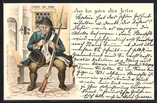 Lithographie Schweizer Soldat sitzt auf einer Bank