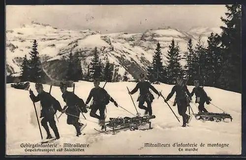 AK Schweizer Gebirgsinfanterie beim Gewehrtransport auf Skischlitten