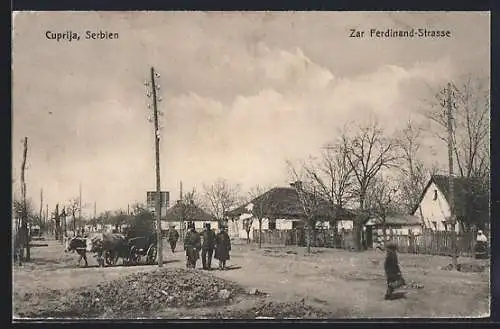 AK Cuprija, Zar Ferdinand-Strasse mit Ochsenkarren