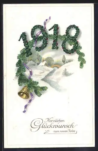 AK Jahreszahl 1918 aus Kleeblättern, Neujahrsgruss und Winterlandschaft