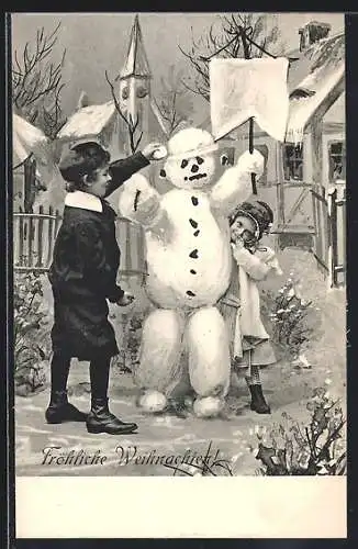 AK Fröhliche Weihnachten, Kinder bauen Schneemann