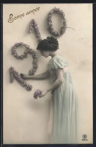 AK Bonne année 1910, Frau mit Jahreszahl aus Blumen