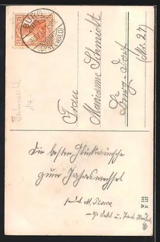 Präge-AK Neujahrsgruss mit Jahreszahl 1918, Tannenzweig, Kleeblättern und Glocken