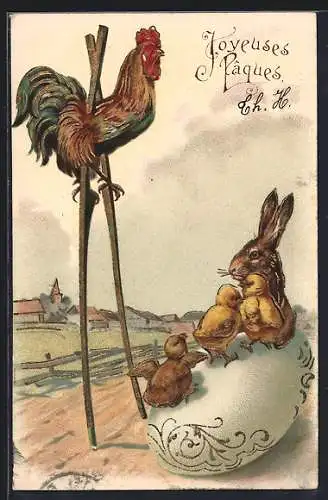 AK Hahn auf Stelzen, Osterhase und Osterküken, Joyeuses Pâques