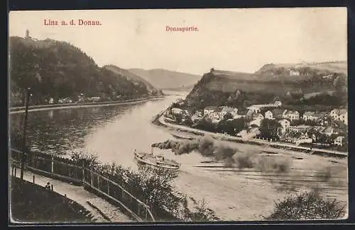 AK Linz a. d. Donau, Donaupartie von einer Anhöhe aus