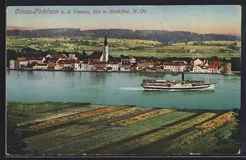 AK Gross-Pöchlarn a. d. Donau, Ortsansicht mit der Donau, Dampfer