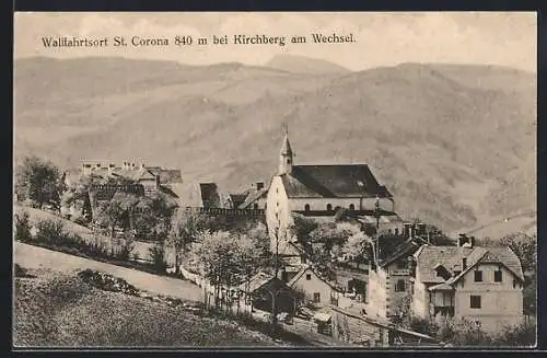 AK St. Corona bei Kirchberg am Wechsel, Ortsansicht von einen Berg aus