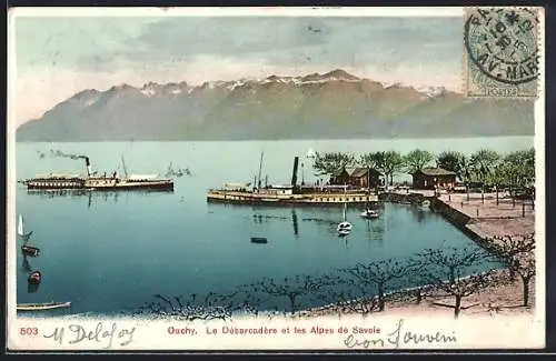 AK Ouchy, Le Dèbarcadère et les Alpes de Savois, Hafen