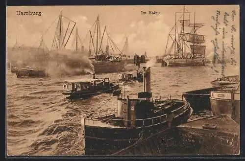 AK Hamburg, Partie am Hafen mit Dampfern und Segelschiffen