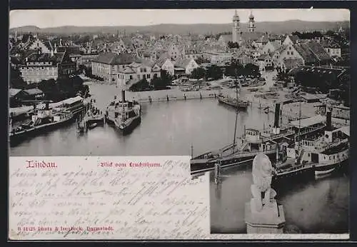 AK Lindau i. B., Blick vom Leuchtturm auf Stadt mit Hafen