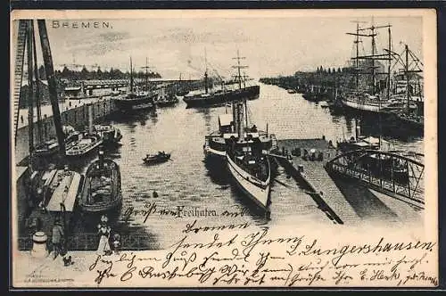 Lithographie Bremen, Schiffe liegen im Freihafen