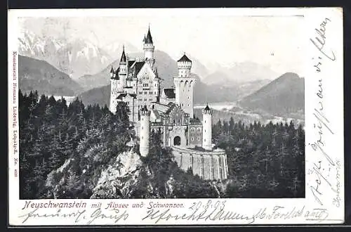 AK Schloss Neuschwanstein mit Alpsee und Schwansee