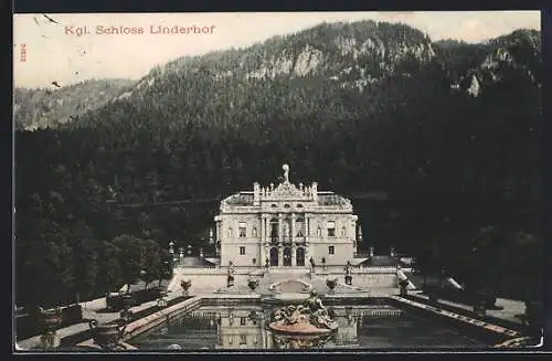 AK Ettal, Kgl. Schloss Linderhof aus der Vogelschau