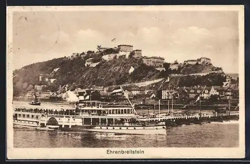 AK Koblenz, Festung Ehrenbreitstein mit Rheindampfer