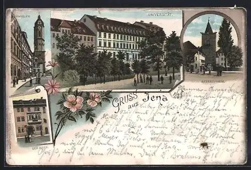 Lithographie Jena, Affenthurm, Universität, Burgkeller, Zur Rose