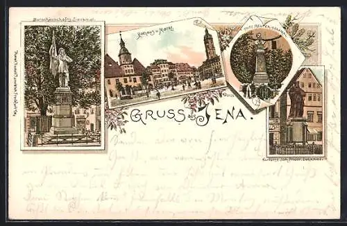 Lithographie Jena, Burschenschaftsdenkmal, Marktplatz und Fritz-Reuter-Denkmal