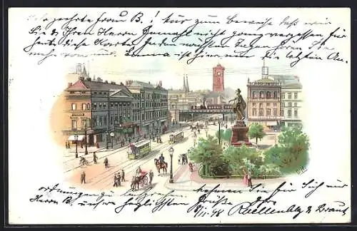 Lithographie Berlin, Alexanderplatz mit Berolina und Strassenbahn