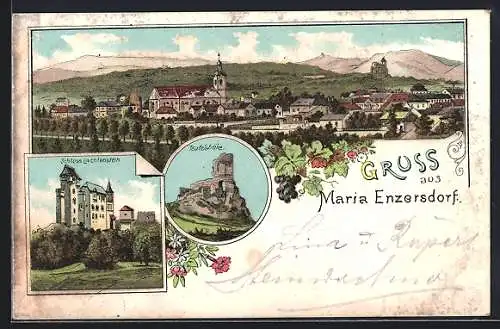 Lithographie Maria Enzersdorf, Teufelshöhe, Schloss Liechtenstein, Totalansicht