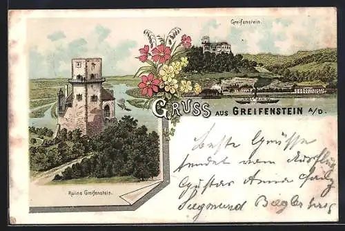 Lithographie Greifenstein a. D., Ruine und Flusspartie