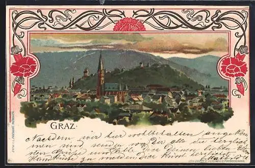 Künstler-AK Graz, Panorama in schönem Rahmen, um 190