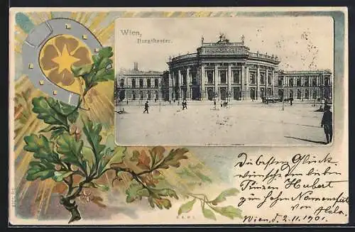 Lithographie Wien, Burgtheater, Eichenzweig mit Hufeisen