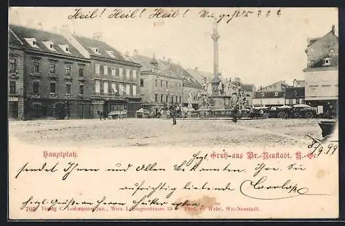 AK Wr.-Neustadt, Hauptplatz mit Denkmal und Geschäften