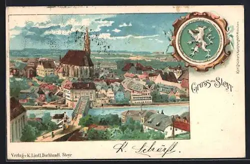 Lithographie Steyr, Ortsansicht aus der Vogelschau