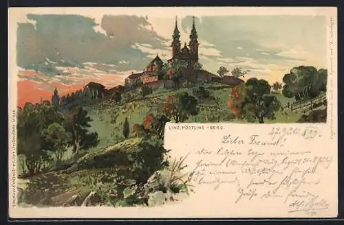 Lithographie Linz, Wallfahrtskirche auf dem Pöstling-Berg