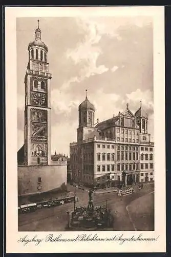 AK Augsburg, Rathaus und Perlachturm mit Augustusbrunnen