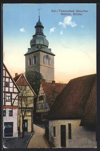 AK Bad Salzuflen, Ortspartie mit altdt. Fachwerkhäusern und Reform. Kirche