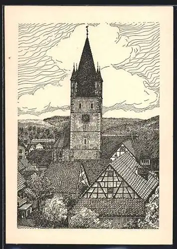 Künstler-AK Mettingen a. N., Evangelische Kirche