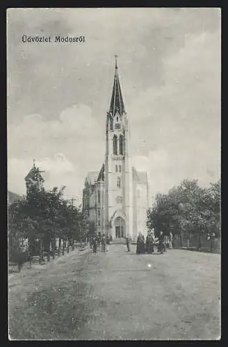 AK Modos, Strassenpartie mit Kirche