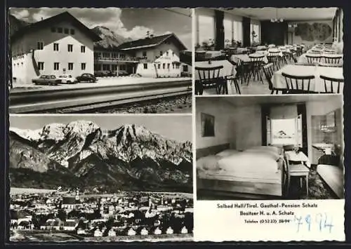 AK Hall /Tirol, Gasthof Schatz, Bes. H. u. A. Schatz, Ortsansicht und Berge