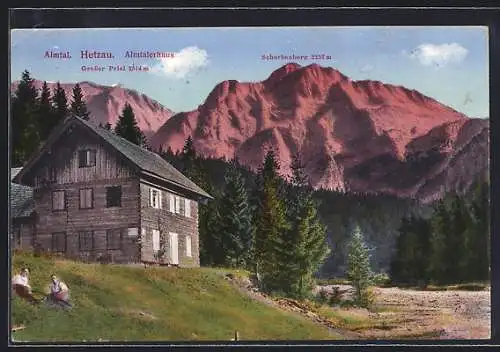 AK Grünau im Almtal, Hetzau, Almtalerhaus mit Blick auf den Grossen Piel und den Scherbenberg