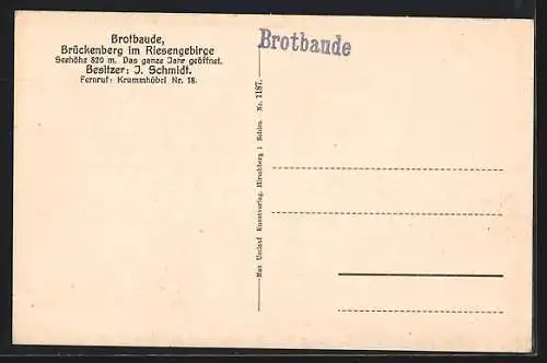 AK Brotbaude /Brückenberg, Baude von J. Schmidt mit Strassenpartie