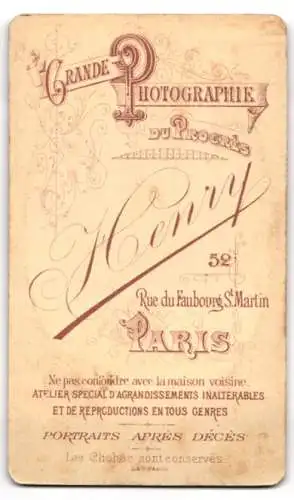 Fotografie Henry Phot., Paris, Rue du Faubourg St. Martin 52, Porträt eines Mannes mit Schnurrbart