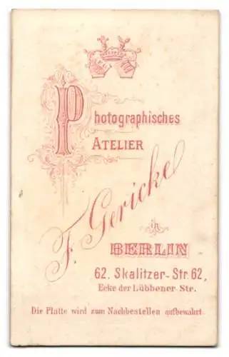 Fotografie F. Gericke, Berlin, Skalitzer-Str. 62, Porträt einer Dame