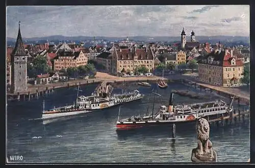 Künstler-AK Lindau / Bodensee, Hafen mit ausfahrenden Dampfern