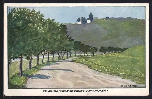 Künstler-AK Rothenfels / Main, Burg Rothenfels, von der Strasse am Main aus gesehen