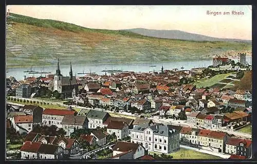 AK Bingen / Rhein, Teilansicht mit Rhein u. Frachtschiffen