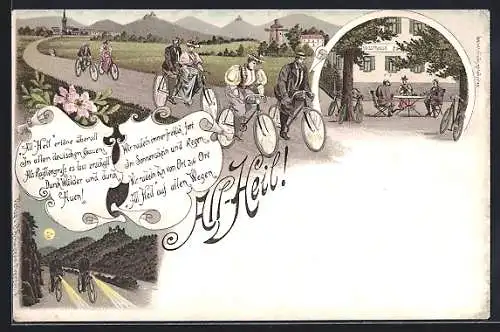 Lithographie Gruppe von Fahrradfahrern, Tandem, Rast im Gasthaus, Nachtfahrt