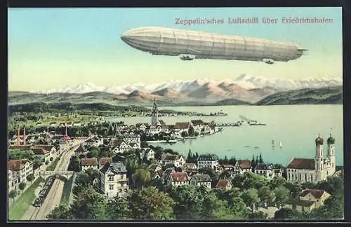 AK Friedrichshafen, Graf Zeppelins Luftschiff über der Stadt