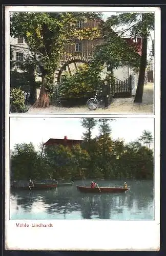 AK Naunhof / Mulde, Mühle Lindhardt, Boote auf dem Fluss