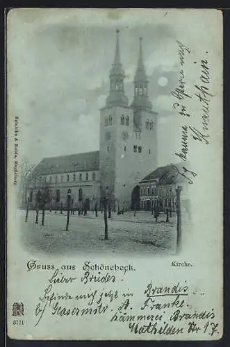 Mondschein-AK Schönebeck / Elbe, Kirche mit Strassenpartie