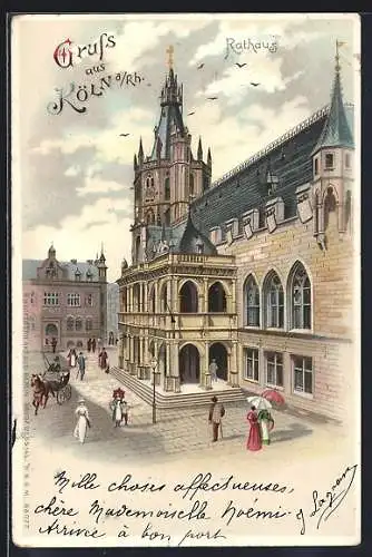 Lithographie Köln, Rathaus mit bei Lichteinfall leuchtendem Mond und Fenstern