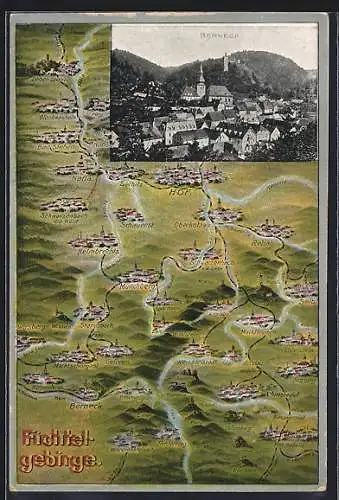 AK Berneck / Fichtelgebirge, Ortsansicht, Landkarte der Umgebung im Fichtelgebirge