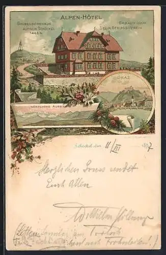 Lithographie Alpen-Hotel Stubenberghaus, Schöckel, Ortsansicht von Graz