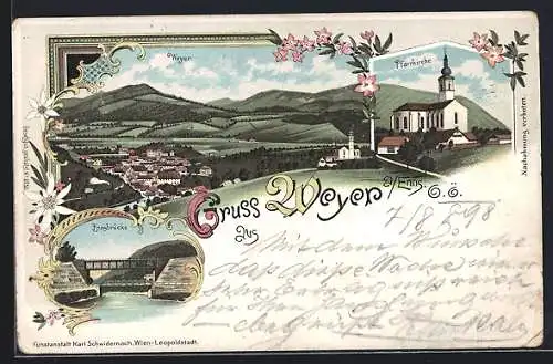 Lithographie Weyer a. Enns, Partie an der Ennsbrücke, Pfarrkirche
